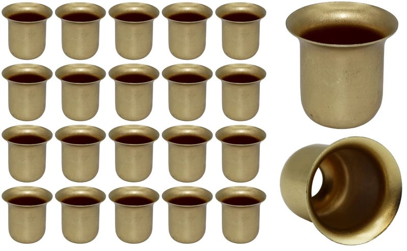 Creative Hobbies Brass Metal Candle Holder Cups - Pack of 20 - Fits Standard Tapered Wax Candles or Votive Pegs - Brass Color Finish - Tabletop Candle Holders for Wedding Occasion - Image 1